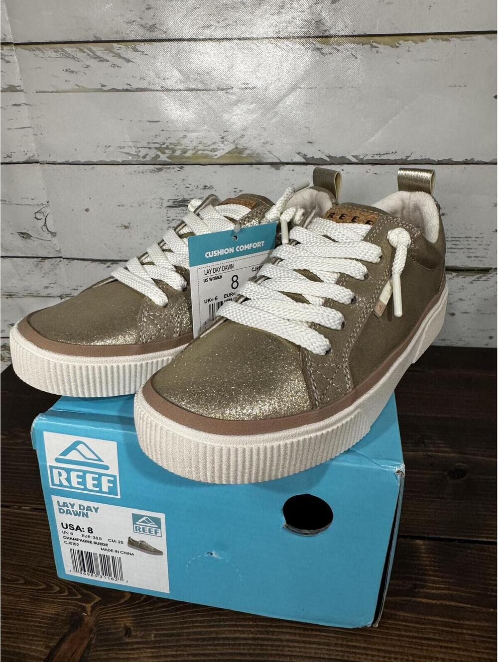 REEF Women's Lay Day Dawn Champagne Metallic Suede Sneakers Size 8 NIB